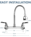 Top Shelf RV Kitchen Faucet Sporting A Slick 360 Rotating Sprayer Head And Hella Tough Stainless Steel Frame With An Eight Inch Two Hole Base for easy installation description with dimensions.