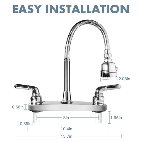 Top Shelf RV Kitchen Faucet Sporting A Slick 360 Rotating Sprayer Head And Hella Tough Stainless Steel Frame With An Eight Inch Two Hole Base for easy installation description with dimensions.