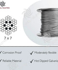 3/32 Inch Type 7x7 Galvanized Steel Aircraft Wire Rope 100 Feet Flexible Durable Cable spool showing strand pattern
