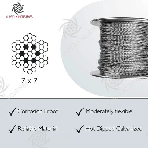 3/32 Inch Type 7x7 Galvanized Steel Aircraft Wire Rope 100 Feet Flexible Durable Cable spool showing strand pattern