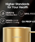 Smart Self Heating Coffee Mug With 12 Oz Capacity And Ai Auto Warm Tech Features showing SUS316 stainless steel and food-safe ceramic coating.