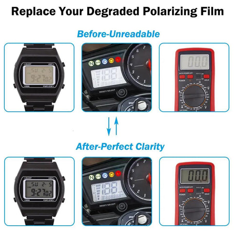 Comparison of digital displays before and after using Two Pack Adhesive Polarizing Film Sheets 7.8x11.8 Inches 20x30 Cm Linear Polarizer