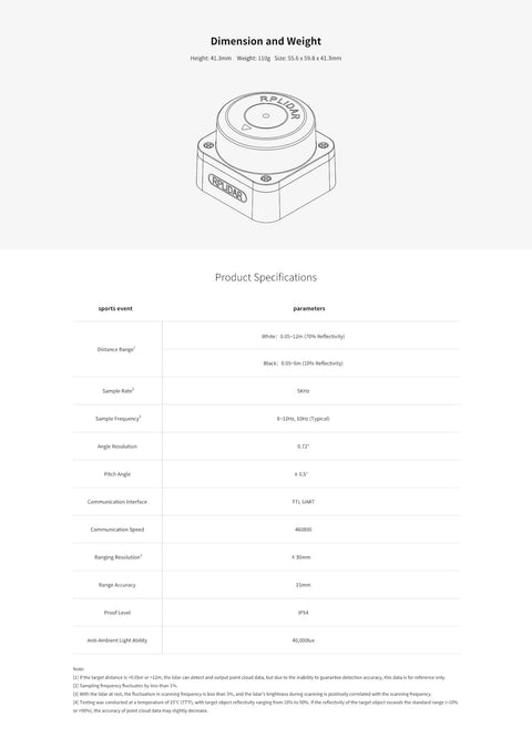 Diagram of RPLIDAR C1 360 Degree 2D Lidar Sensor with technical specifications and dimensions for robotics use