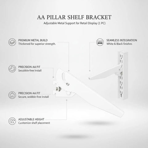 Adjustable Pillar Shelf Bracket for Retail Displays and Modular Shelving with metal support, slotted uprights.