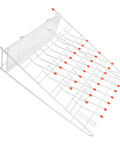 Built Tough White Metal Laboratory Bottle Drying Rack With Thirty Two Pegs For Test Tubes And Glassware showing angled view with orange tips.