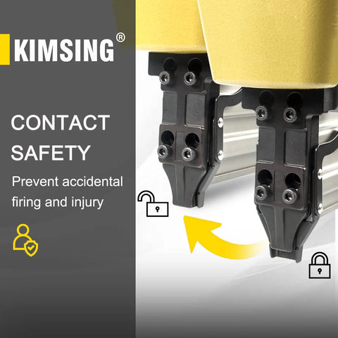 Close-up of contact safety feature on 14 Gauge Air Concrete T Nailer with anti-jam mechanism in durable aluminum body.