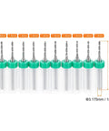 10-Piece PCB Drill Bit Set With 1/8 Inch Shank And 1.4mm Tungsten Carbide Micro Twist Bits, green caps, measurements shown