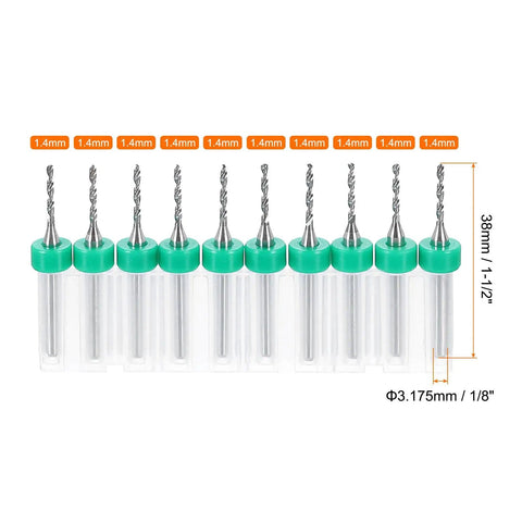10-Piece PCB Drill Bit Set With 1/8 Inch Shank And 1.4mm Tungsten Carbide Micro Twist Bits, green caps, measurements shown