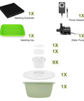 Components of the Compact Vertical Hydroponics Garden Tower with 36 Plant Pods, including water pump, tray, and adapter.