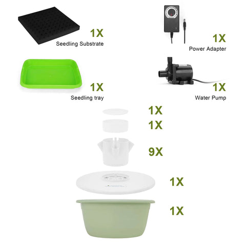 Components of the Compact Vertical Hydroponics Garden Tower with 36 Plant Pods, including water pump, tray, and adapter.