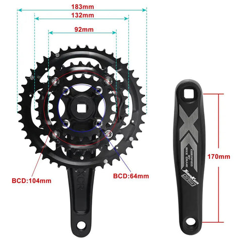 Beefy Three Piece 9 Speed Crankset With 44T 32T 22T Chainrings, 170mm Crank Arms, 104 BCD Square Taper, MTB Ready, Fits Shimano