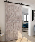 Installed 5.5 Foot Bypass Barn Door Hardware Kit For 33 Inch Double Doors, full sliding wood door track system with T shape hangers
