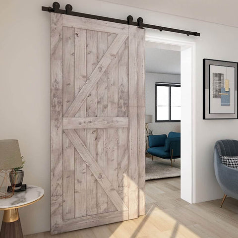 Installed 5.5 Foot Bypass Barn Door Hardware Kit For 33 Inch Double Doors, full sliding wood door track system with T shape hangers