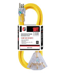 10 Ft 12 Gauge Heavy Duty Extension Cord With 3 Outlets Lighted End For Indoor Outdoor Use 125V 15A 1875W SJTW Weatherproof Yellow UL Listed Copper Conductors