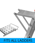 Heavy Duty Ladder Platform Tray And Work Stand Holds 400 Pounds attached to straight rail ladder, tool tray visible, fits all ladders.