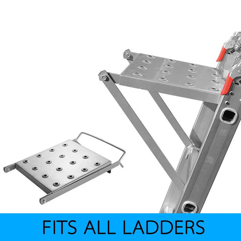 Heavy Duty Ladder Platform Tray And Work Stand Holds 400 Pounds attached to straight rail ladder, tool tray visible, fits all ladders.