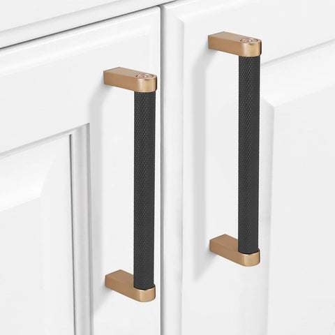 10 Pack 5 Inch Center To Center Black And Champagne Bronze Knurled Cabinet Handles installed on white kitchen cabinets