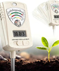 7 In 1 Soil Test Kit For Home Gardeners And Lawn Care With Moisture, pH, Temperature, Sunlight, Humidity And Fertility Meter, Built In 1.6 Inch Sensor, One Button Mode Switch For Easy Indoor Outdoor Plant Diagnostics. White plastic soil meter with probe in soil