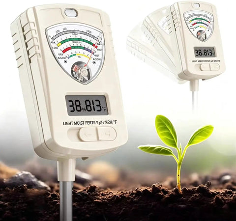 7 In 1 Soil Test Kit For Home Gardeners And Lawn Care With Moisture, pH, Temperature, Sunlight, Humidity And Fertility Meter, Built In 1.6 Inch Sensor, One Button Mode Switch For Easy Indoor Outdoor Plant Diagnostics. White plastic soil meter with probe in soil