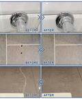 Before and after images showing Color Match Ceramic And Porcelain Tile Repair Kit With Ultra Bond Adhesion repairs on bathroom tiles.