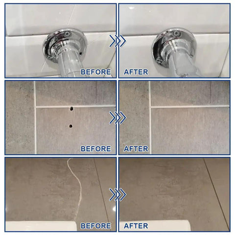 Before and after images showing Color Match Ceramic And Porcelain Tile Repair Kit With Ultra Bond Adhesion repairs on bathroom tiles.