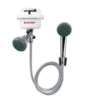 Electric Shower Head 110V Point Of Use Shower Unit With Dual Spray System, 3 Temperature Settings visible, chrome and white finish.