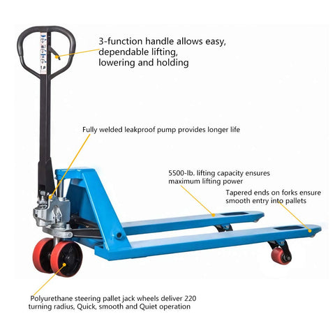 Industrial Manual Pallet Jack Truck Built Like A Badass Workhorse To Move 5500 Pounds Without Breaking A Sweat And Fitted With Durable Polyurethane Steel Wheels For Stress Free Logistics Hauling