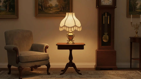 Ivory Jacquard Lamp Shade With Fringes, Scallop Bell Shape on brass stand, glowing in classic room, 13 inch wide bottom
