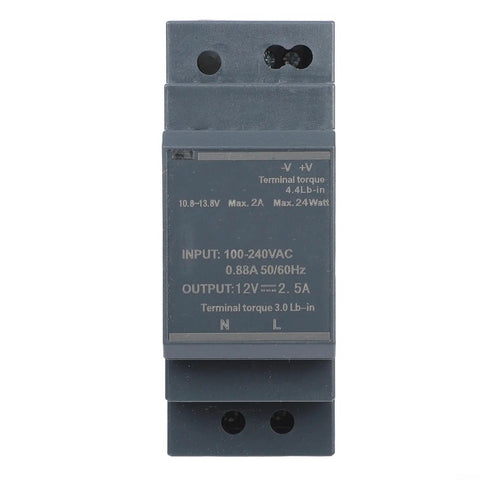 Ultra Slim Din Rail Power Supply 12V 2.5A 30W Industrial Switching Adapter front view showing input and output specifications.