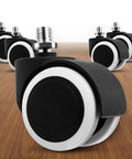 Five Piece Replacement Office Chair Wheels Set, Universal Casters For Study Chairs, shown on wooden floor surface