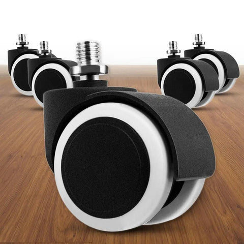 Five Piece Replacement Office Chair Wheels Set, Universal Casters For Study Chairs, shown on wooden floor surface