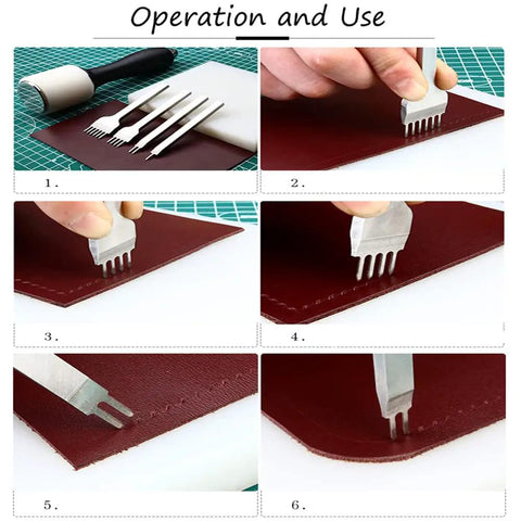 Leather Stitching Punch Kit With White Steel Prongs 5mm Pitch showing operation and use on leather