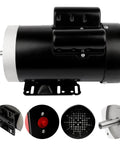 Image of 2 HP General Purpose Electric Motor With 1750 RPM Dual Voltage 115 230V Single Phase Five Eighth Inch Shaft CW CCW TEFC Enclosed 60 Hz Continuous Duty Workhorse For Shops And Equipment showing various perspectives and details including the shaft and enclosure.