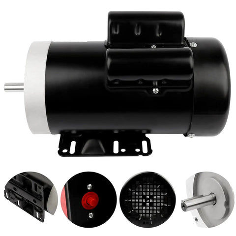 Image of 2 HP General Purpose Electric Motor With 1750 RPM Dual Voltage 115 230V Single Phase Five Eighth Inch Shaft CW CCW TEFC Enclosed 60 Hz Continuous Duty Workhorse For Shops And Equipment showing various perspectives and details including the shaft and enclosure.
