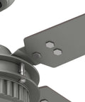 Close-up of Big 54 Inch Matte Silver Ceiling Fan For Indoor And Outdoor Living With Reversible Walnut Blades and motor