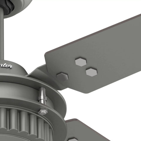 Close-up of Big 54 Inch Matte Silver Ceiling Fan For Indoor And Outdoor Living With Reversible Walnut Blades and motor