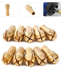 10 Piece Brass Collet Set for Dremel Rotary Tools Fits 0.5mm to 3.2mm Bits and 1/8 Inch Shank, shown in different angles.