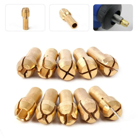 10 Piece Brass Collet Set for Dremel Rotary Tools Fits 0.5mm to 3.2mm Bits and 1/8 Inch Shank, shown in different angles.