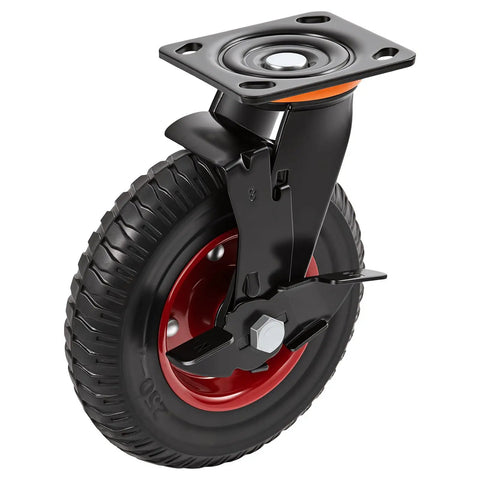 Badass 8 Inch Rubber Caster Wheels 4 Pack Swivel With Brake showing a heavy duty wheel with red accents and dual ball bearings.