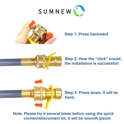 Instructions for using the 12 Feet Half Inch ID Natural Gas Hose With Quick Disconnect For BBQ Grills Pizza Ovens Patio Heaters And More Propane To Natural Gas Conversion Kit CSA Certified, showing connection steps.
