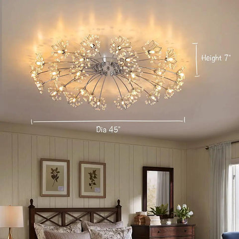 Totally Modern 28 Light Crystal Flower Chandelier LED Ceiling Light Dimmable Flush Mount Fixture for Living Room Hallway