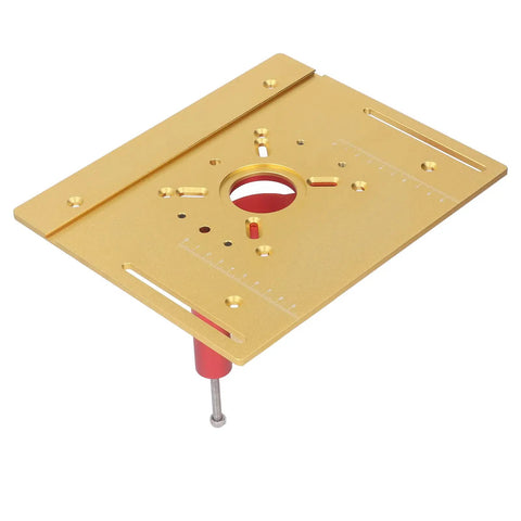 Heavy Duty Router Table With Crank Handle Lifting Kit And Game Changer Precision Woodworking Insert Plate, gold metal design.