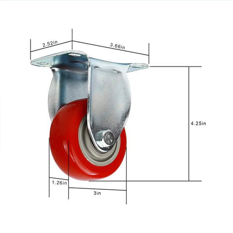 Heavy Duty Three Inch Fixed Caster Wheels Four Pack With Polyurethane Casters And Forged Metal Chassis side view dimensions