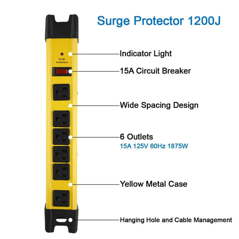 Heavy Duty 6 Outlet Power Strip Surge Protector With 15A 125V 6Ft Extension Cord Industrial Grade Metal Housing 1200 Joules