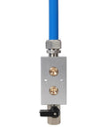 Heavy Duty Air Compressor Piping Kit Featuring Two Hundred Foot One Half Inch Rugged Tubing Slick Pex Al Pex Build Pro Fittings Valves And Zero Sweat Plug Play Tools For Quick Garage Setup Blue valve with blue tubing and metal fittings.