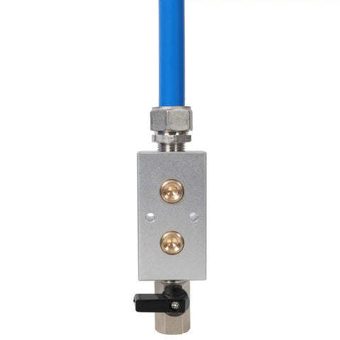 Heavy Duty Air Compressor Piping Kit Featuring Two Hundred Foot One Half Inch Rugged Tubing Slick Pex Al Pex Build Pro Fittings Valves And Zero Sweat Plug Play Tools For Quick Garage Setup Blue valve with blue tubing and metal fittings.