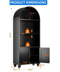 72 Inch Metal Arched Bookcase With Doors And Wheels Industrial Black Tall Storage Cabinet with dimensions and open doors shown.
