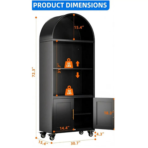 72 Inch Metal Arched Bookcase With Doors And Wheels Industrial Black Tall Storage Cabinet with dimensions and open doors shown.