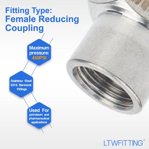 Stainless Steel 316 Female Reducing Coupling Quarter Inch by Eighth Inch NPT Pipe Fitting for Air and Water Lines Marine Grade 600