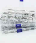 Beefy Heavy Duty Stainless Steel Dowel Pin Assortment Set for Shelves and Closets in transparent organizer box